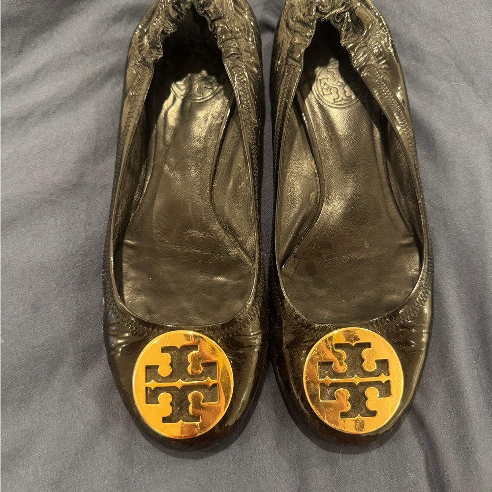 Tory Burch Reva Black Ballet Flats w/ Gold Logo | Resoled | Size 8